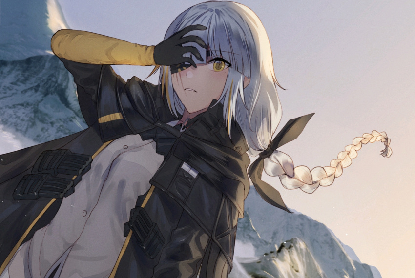 1girl black_gloves black_jacket eyepatch girls'_frontline gloves jacket long_hair long_sleeves looking_at_viewer m16a1_(boss)_(girls'_frontline) m16a1_(girls'_frontline) open_mouth scar shirt upper_body white_hair xanax025 yellow_eyes yellow_shirt