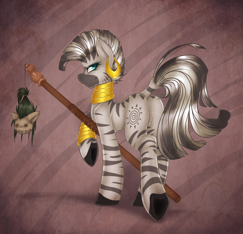 abstract_background blue_eyes bracelet equine female friendship_is_magic gold harmoniousrain invalid_tag jewelry looking_at_viewer looking_back mammal mohawk my_little_pony neck_rings piercing polearm solo staff stripes zebra zecora_(mlp)