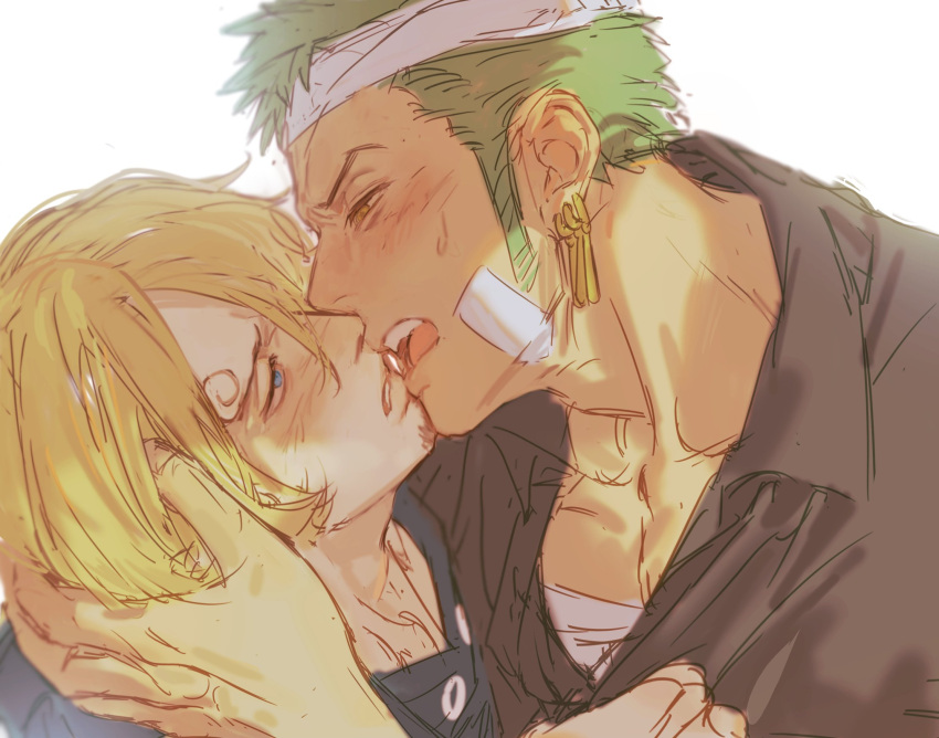 2boys bandaged_chest bandaged_head bandages beard black_shirt blonde_hair blue_eyes blue_shirt colored_skin earrings facial_hair flustered grabbing_another's_hair green_hair highres imminent_kiss jewelry looking_at_another male_focus mature_male multiple_boys one_piece roronoa_zoro sanji_(one_piece) shirt short_hair simple_background single_earring tan teeth white_background white_skin yaoi yellow_eyes ynnn_m