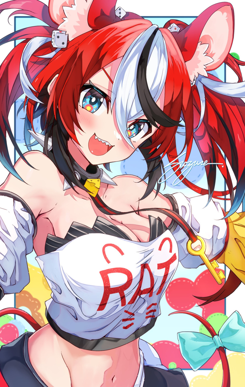 1girl animal_ears blue_eyes bow breasts cleavage collar detached_sleeves hakos_baelz highres hololive hololive_english key midriff mizuki_(xeaz2854) mouse_ears mouse_tail multicolored_hair navel red_hair sharp_teeth signature spiked_collar spikes strapless streaked_hair tail tail_bow tail_ornament teeth tube_top twintails virtual_youtuber