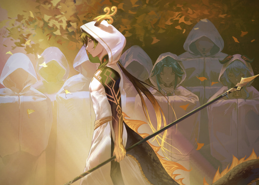 1girl 2boys bead_necklace beads bell black_hair blue_hair brown_hair closed_mouth dragon_boy dragon_horns dragon_tail facial_hair facial_mark forehead_mark ganyu_(genshin_impact) genshin_impact gradient_hair green_hair highres holding holding_polearm holding_weapon hood hood_up horns horns_through_hood jewelry leaf long_hair male_focus mizuku_hei multicolored_hair multiple_boys neck_bell necklace polearm ponytail silhouette tail vortex_vanquisher_(genshin_impact) weapon xiao_(genshin_impact) zhongli_(genshin_impact)