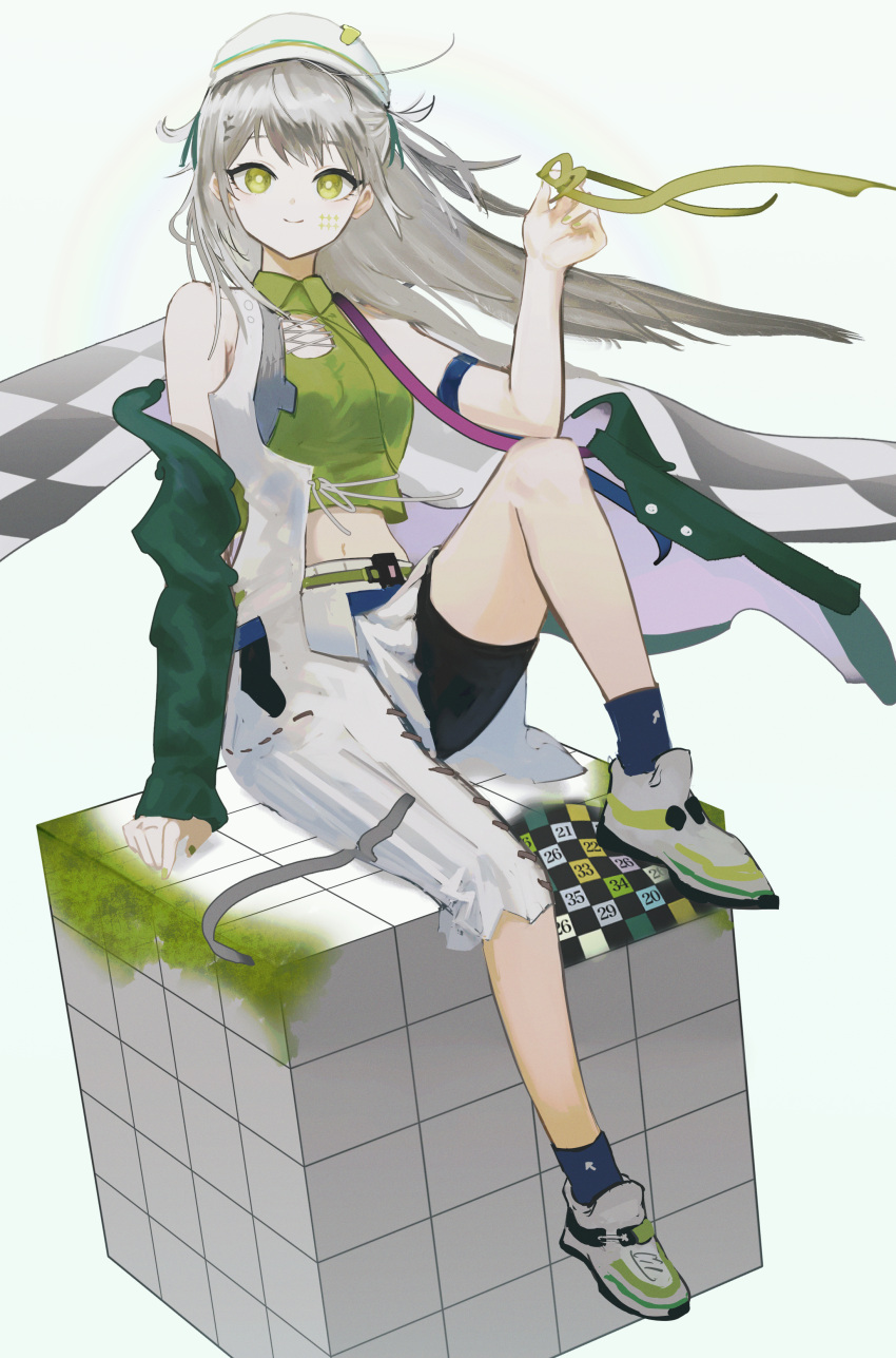 1girl absurdres aiv arknights closed_mouth crop_top fartooth_(arknights) fartooth_(hear_the_wind_sing)_(arknights) green_shirt grey_hair hat highres long_hair looking_at_viewer navel official_alternate_costume shirt simple_background sitting sleeveless sleeveless_shirt smile solo very_long_hair white_background white_headwear yellow_eyes