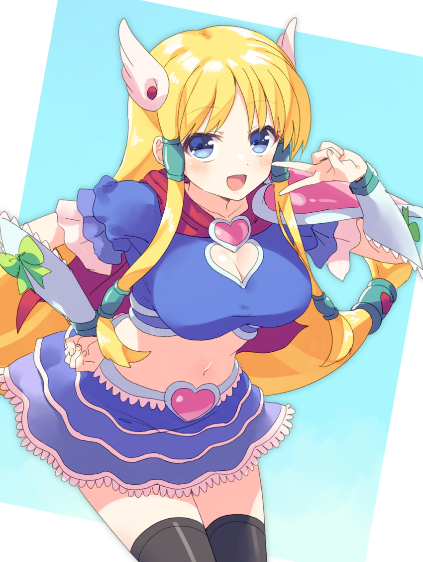 1girl armor blonde_hair blue_eyes blue_skirt bobobo-bo_bo-bobo breasts capelet cleavage cowboy_shot crop_top denbo heart highres large_breasts layered_skirt long_hair looking_at_viewer low-tied_sidelocks midriff navel non-web_source open_mouth pauldrons red_capelet shoulder_armor simple_background skirt smile thighhighs wing_hair_ornament