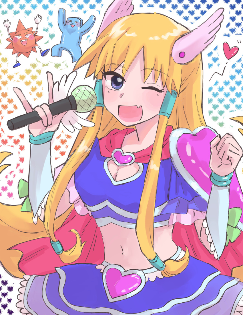 1girl absurdres armor blonde_hair blue_eyes blue_skirt bobobo-bo_bo-bobo breasts capelet cleavage cowboy_shot crop_top denbo heart highres holding holding_microphone large_breasts layered_skirt long_hair looking_at_viewer low-tied_sidelocks microphone midriff navel non-web_source open_mouth pauldrons red_capelet shoulder_armor skirt smile thighhighs wing_hair_ornament