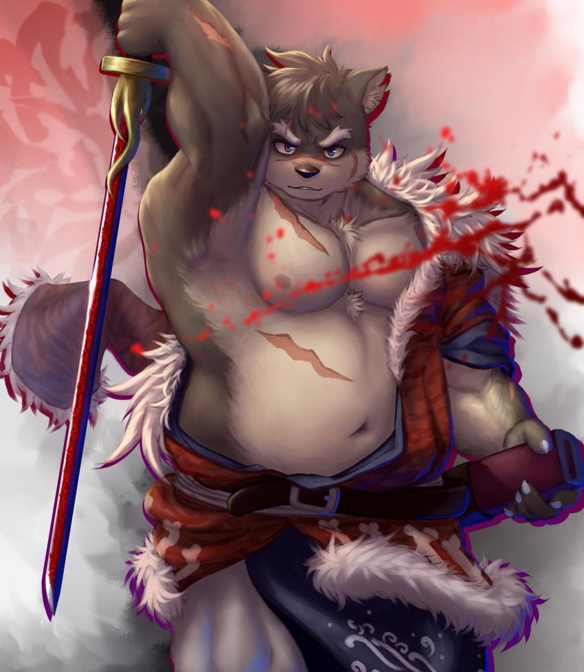 1boy absurdres animal_ears bara dog_boy dog_ears furry furry_male guadr highres holding holding_sheath holding_sword holding_weapon katana looking_at_viewer male_focus moritaka_(housamo) multiple_scars partially_undressed scabbard scar scar_on_cheek scar_on_chest scar_on_face scar_on_nose scar_on_stomach sheath sword tokyo_afterschool_summoners weapon