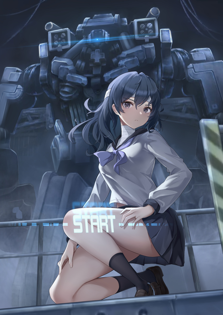 1girl absurdres bandaged_head bandaged_neck bandages black_hair black_skirt blue_sailor_collar grey_hair highres juusan_kihei_bouei_ken mecha on_one_knee robot sailor_collar school_uniform serafuku shinonome_ryouko_(juusan_kihei_bouei_ken) skirt user_wtxr2258