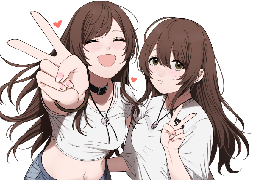 2girls belt belt_collar black_belt blush breasts brown_bracelet brown_eyes brown_hair closed_eyes closed_mouth collar collarbone crop_top cropped_shirt dot_nose flower flower_necklace hair_between_eyes hand_up heart highres idolmaster idolmaster_shiny_colors long_hair looking_at_viewer maou_(demonlord) medium_breasts midriff multiple_girls nail_polish navel open_mouth osaki_amana osaki_tenka pink_nails reaching reaching_towards_viewer shirt short_sleeves siblings simple_background sisters smile swept_bangs twins upper_body v white_background white_shirt