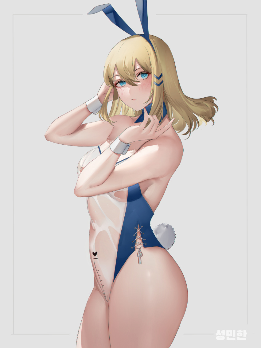 1girl absurdres animal_ears blonde_hair blue_eyes blue_hairband blush breasts closed_mouth cowboy_shot fake_animal_ears from_side hair_between_eyes hairband hands_up heart highres leotard looking_at_viewer looking_to_the_side medium_breasts medium_hair meme_attire milephunter original penis_measuring playboy_bunny rabbit_ears rabbit_tail see-through see-through_leotard solo tail translucent_bunnysuit wrist_cuffs