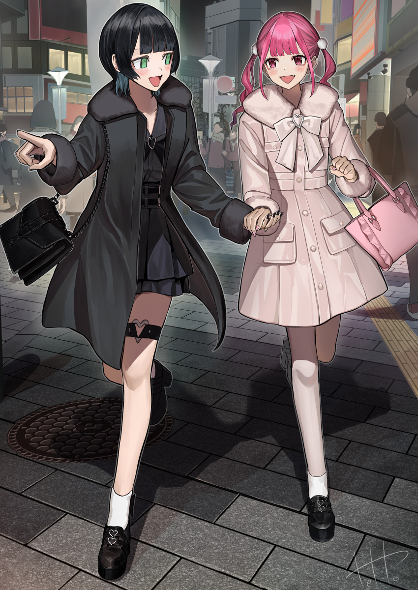 2girls :d absurdres bag black_coat black_footwear black_hair black_nails cardigan city coat douryou_(buta5813) full_body fur-trimmed_cardigan fur-trimmed_coat fur_trim green_eyes handbag highres hinamizawa_hinami holding_hands jirai_kei manhole multiple_girls original outdoors pink_eyes pink_hair pointing smile socks tetto_(onnoveltet) thigh_strap twintails walking white_socks