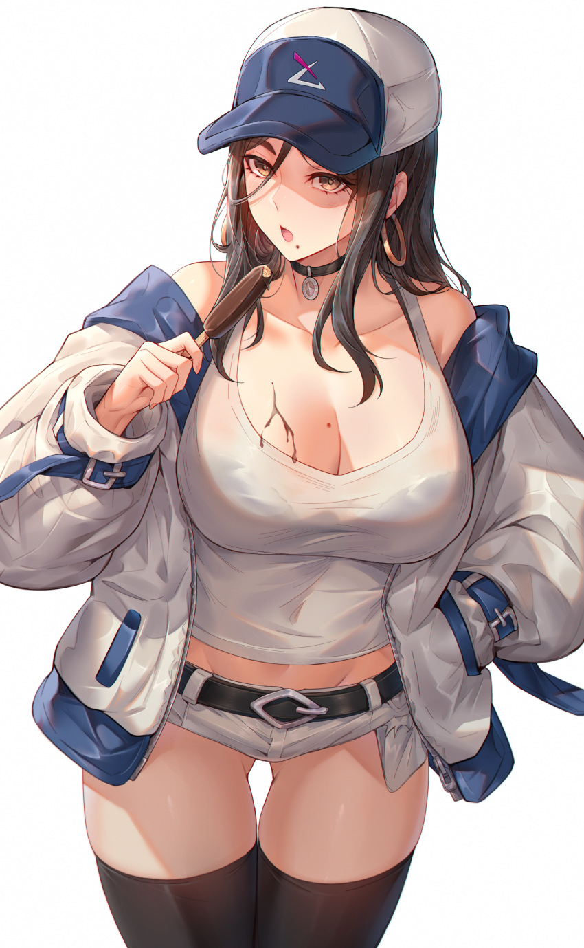 1girl :o absurdres baseball_cap belt black_belt black_choker black_hair black_thighhighs breasts brown_eyes chocolate chocolate_on_body chocolate_on_breasts choker cleavage earrings food food_on_body food_on_breasts hand_in_pocket hand_up hat highres holding holding_food holding_popsicle hoop_earrings hua-j jewelry large_breasts long_hair micro_shorts mole mole_on_breast mole_under_mouth open_mouth original popsicle shorts simple_background solo tank_top thighhighs thighs white_background white_shorts white_tank_top