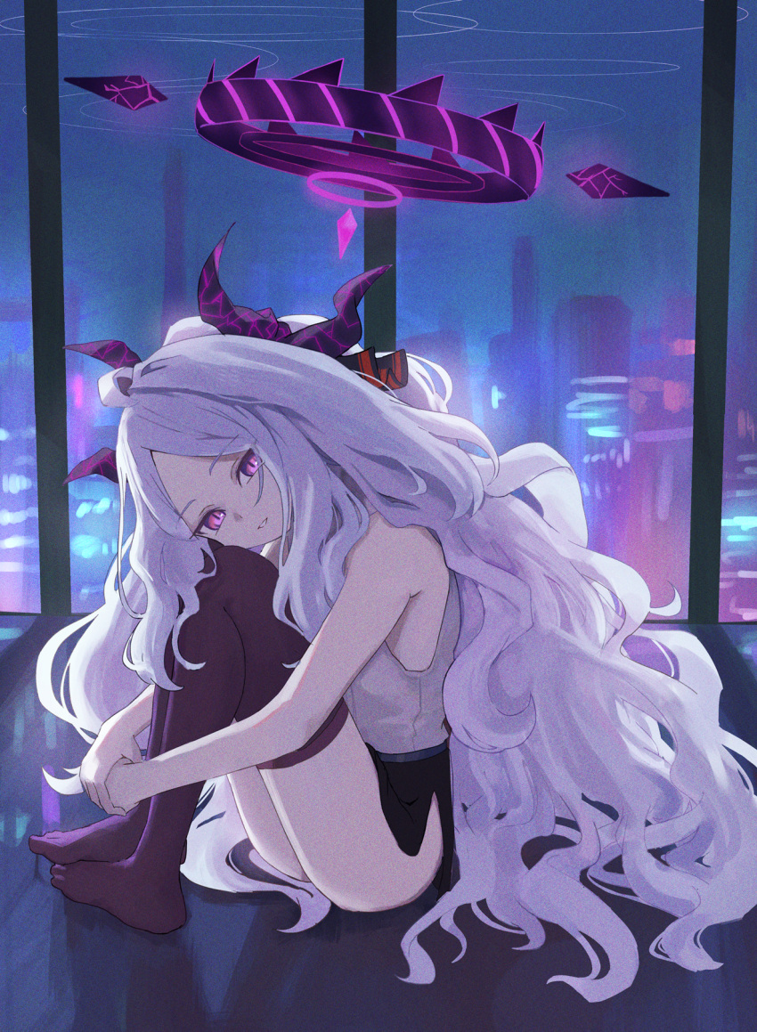 1girl :d ahoge ass backlighting black_skirt black_thighhighs blue_archive blurry building commentary_request demon_girl demon_horns depth_of_field hair_between_eyes hair_ribbon halo head_tilt highres hina_(blue_archive) horns hugging_own_legs indoors knees_to_chest knees_up long_hair looking_at_viewer night night_sky own_hands_together parted_lips pencil_skirt purple_eyes ribbon ryoha_kosako shirt side_slit sidelocks skirt sky skyscraper sleeveless sleeveless_shirt smile solo thighhighs very_long_hair wavy_hair white_hair white_shirt window zettai_ryouiki