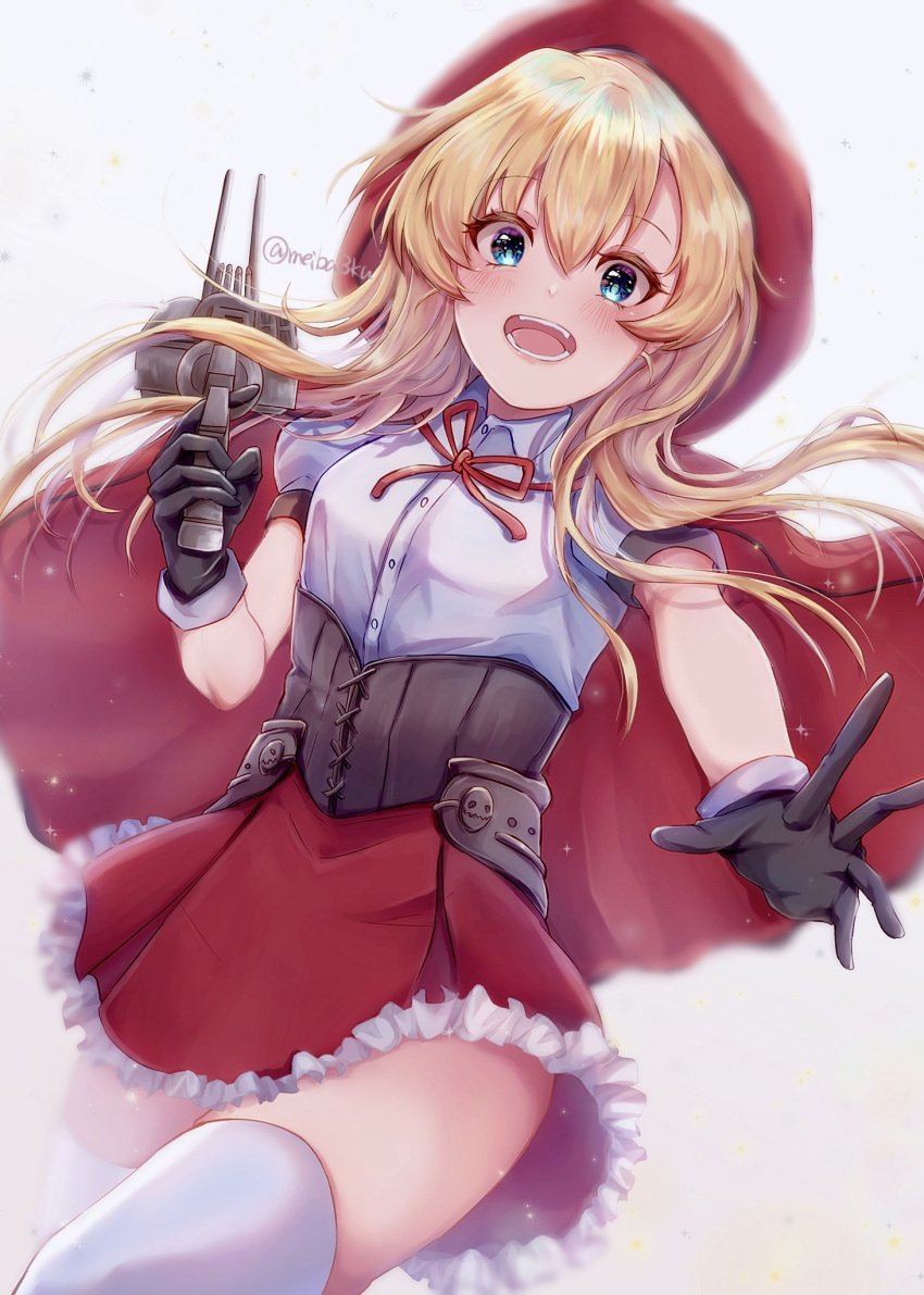 1girl :d abukuma_(kancolle) blonde_hair blue_eyes frilled_skirt frills hair_down halloween_costume highres kantai_collection long_hair looking_at_viewer neck_ribbon official_alternate_costume puffy_short_sleeves puffy_sleeves red_hood red_ribbon red_skirt ribbon saiba_(meiba3ku) shirt short_sleeves skirt smile solo thighhighs twitter_username white_shirt white_thighhighs