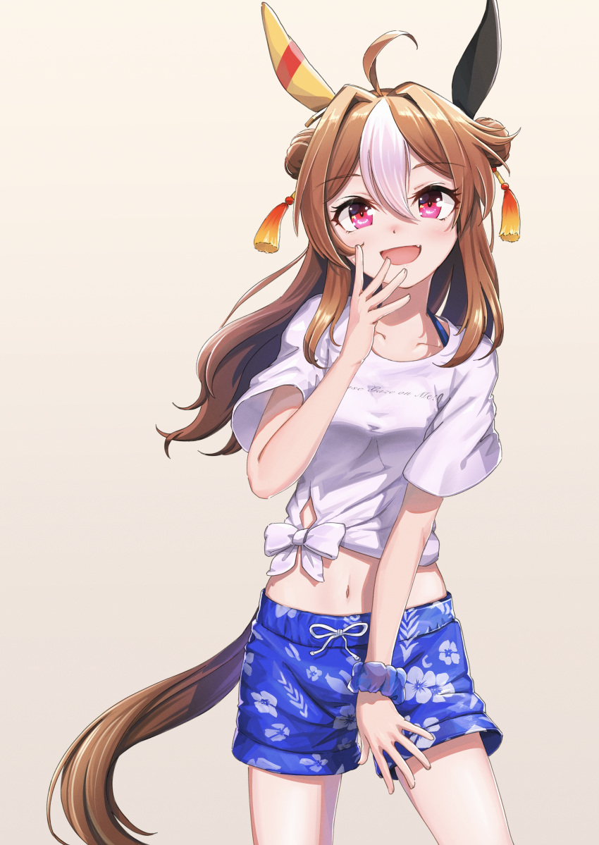 1girl absurdres ahoge animal_ears blue_shorts breasts brown_hair commentary_request copano_rickey_(umamusume) cowboy_shot double_bun ear_covers ear_ornament floral_print gaze_on_me!_outfit_(umamusume) grey_background hair_between_eyes hair_bun hair_ornament highres horse_ears horse_girl horse_tail long_hair looking_at_viewer medium_breasts midriff multicolored_hair navel open_mouth pink_eyes ponpochi shirt short_sleeves shorts simple_background smile solo streaked_hair tail tassel tassel_hair_ornament tied_shirt umamusume white_hair white_shirt