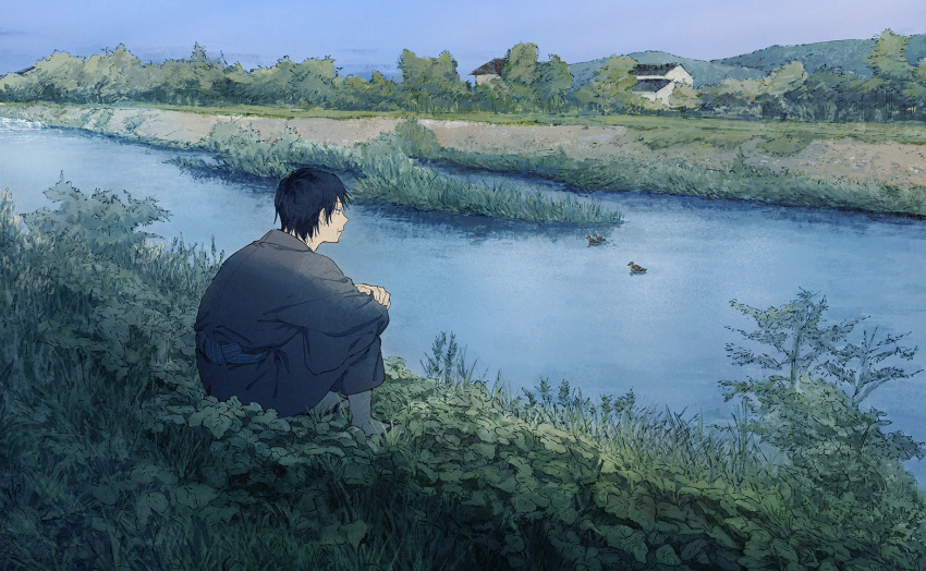 1boy aged_down bird black_hair black_kimono bush duck full_body fushiguro_touji grass house japanese_clothes jj59u jujutsu_kaisen kimono long_sleeves male_focus outdoors river scar scar_on_face scar_on_mouth scenery short_hair sitting tree