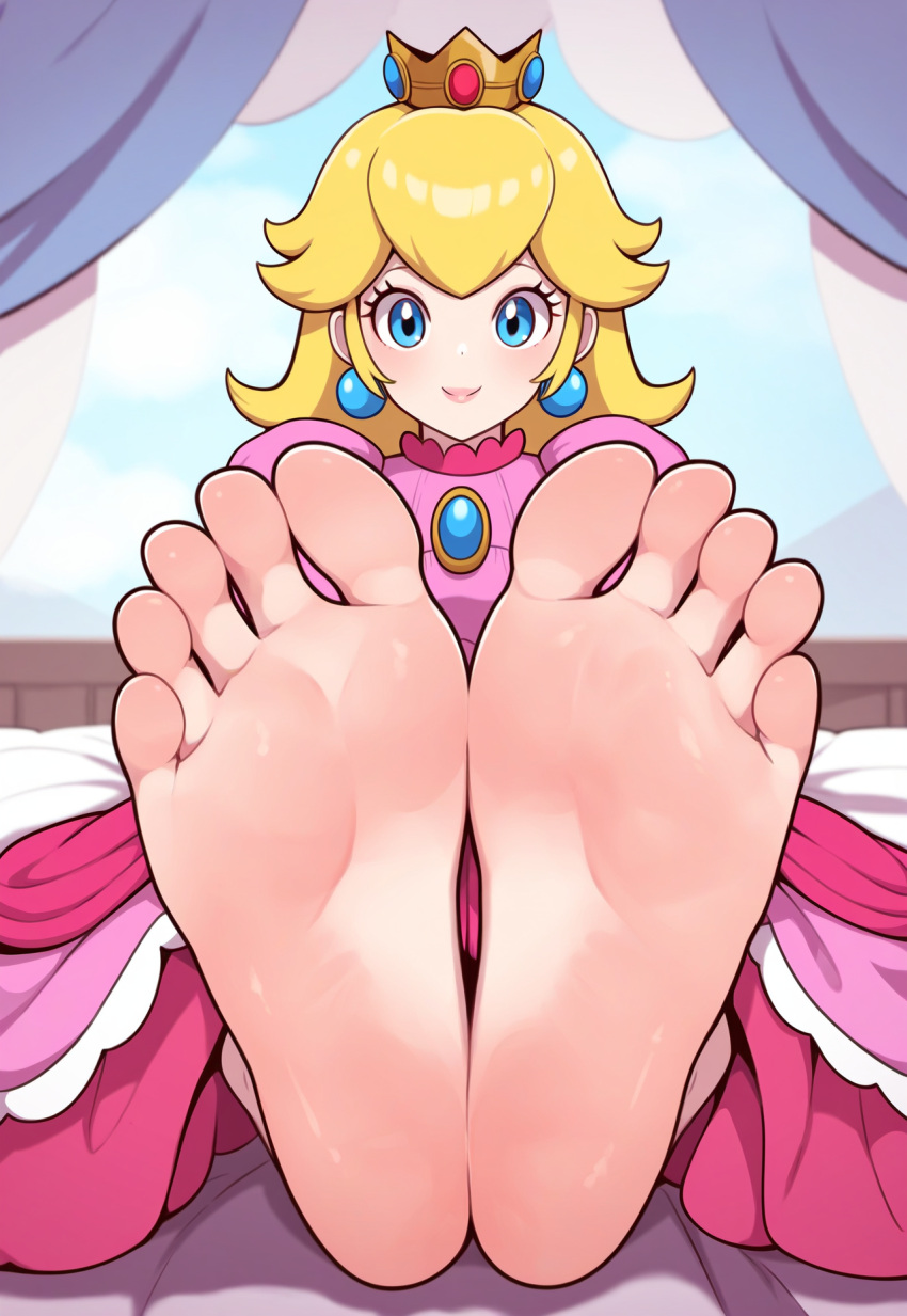 1girl ai-generated azeal1 barefoot blonde_hair blue_eyes crown dress earrings feet foot_focus highres jewelry long_hair looking_at_viewer mario_(series) no_shoes pink_dress princess_peach sitting smile soles solo sphere_earrings toes