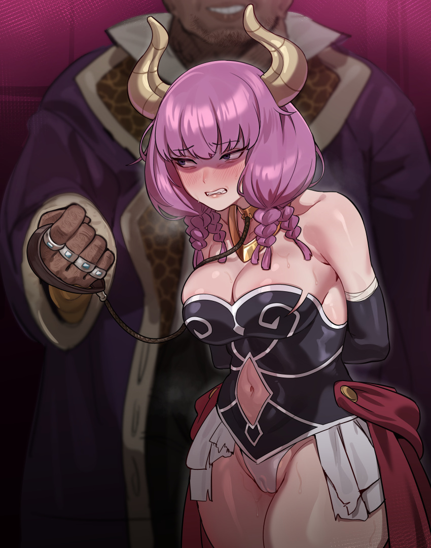 1boy 1girl 5t_(5t_000) absurdres arms_behind_back aura_(sousou_no_frieren) bare_shoulders black_corset black_gloves braid breasts cameltoe cleavage clenched_teeth clothing_cutout corset demon_girl demon_horns elbow_gloves english_commentary gloves gold_necklace highres holding holding_leash horns jewelry large_breasts leash long_hair looking_back low-braided_long_hair multiple_braids multiple_rings navel navel_cutout necklace panties ring shaded_face skirt sousou_no_frieren teeth torn_clothes torn_skirt underwear white_panties white_skirt