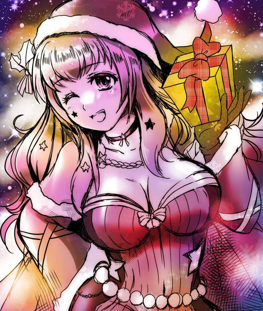 1girl akimiiiii blue_cape bodysuit cape christmas clothing_cutout facial_mark fire_emblem fire_emblem_engage fire_emblem_heroes gift gold_belt hair_ornament hat highres holding holding_gift holly_hair_ornament multicolored_cape multicolored_clothes official_alternate_costume red_bodysuit red_cape santa_hat side_cutout solo star_(symbol) star_facial_mark star_hair_ornament star_print two-tone_cape yunaka_(fire_emblem) yunaka_(fire_emblem)_(spirited_envoy)