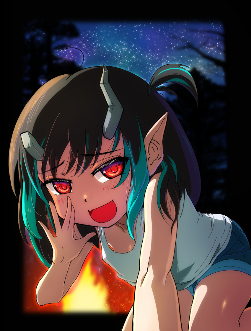 1girl :d absurdres alternate_costume black_border black_hair blue_hair blue_shorts blue_sky blurry blurry_background blush border breasts broken_horn campfire cleavage commentary_request demon_girl demon_horns fang feet_out_of_frame fire grey_horns highres horns kichikichi leaning_forward looking_at_viewer medium_bangs medium_hair multicolored_hair nanashi_inc. night night_sky one_side_up open_mouth outside_border pointy_ears red_eyes shishio_chris shorts skin_fang sky small_breasts smile smug solo star_(sky) starry_sky tank_top two-tone_hair virtual_youtuber white_tank_top