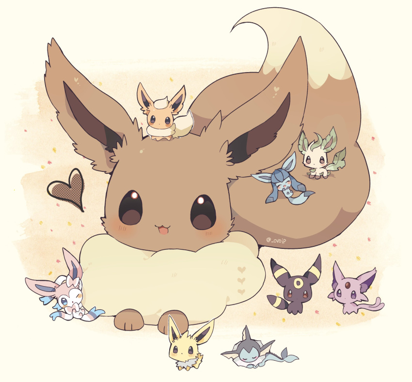 :o animal_focus black_eyes blue_eyes blush brown_eyes brown_fur chibi chibi_inset closed_eyes commentary dot_mouth eevee espeon flareon fluffy forehead_jewel glaceon happy heart highres jolteon leafeon lying no_humans on_back on_stomach open_mouth ovoip pokemon pokemon_(creature) purple_eyes ribbon smile sylveon umbreon vaporeon yellow_background yellow_fur