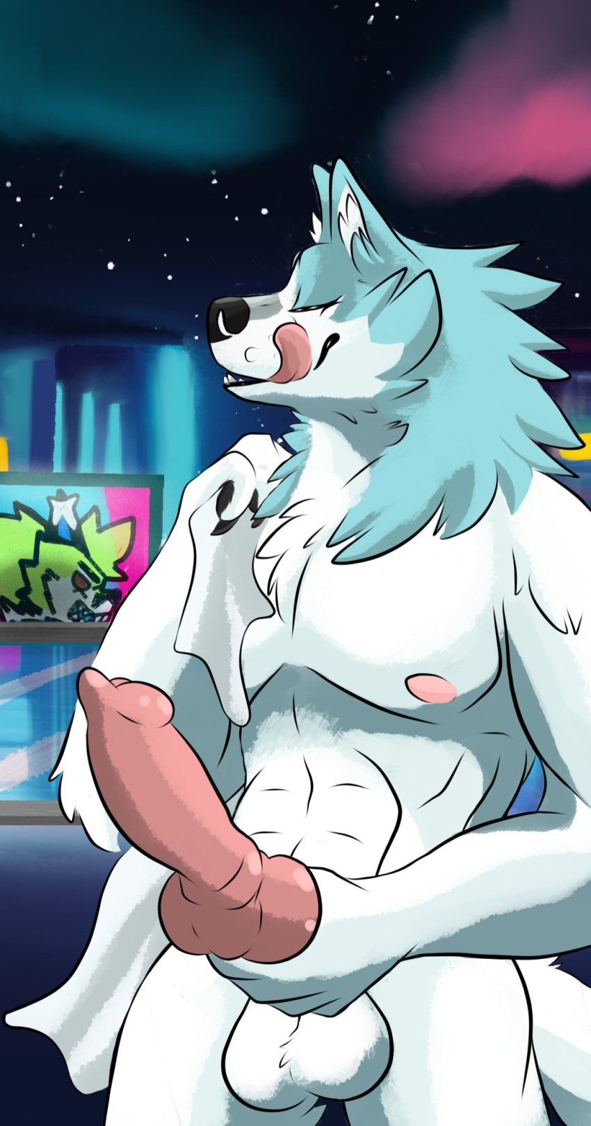 animal_genitalia animal_penis anime_style anthro balls big_penis billboard blue_body blue_eyes blue_fur brand_new_animal canid canine canine_genitalia canine_penis canis city cityscape erection eyes_closed fluffy fur genitals glass green_body hi_res inner_ear_fluff kitchidrachenblut knot looking_away male mammal muscular neck_tuft neon_lights penis penis_grab penis_tip red_eyes rib_cage sheath shirou_ogami slim solo studio_trigger tail terrace thick_thighs tongue tongue_out tuft white_body wolf