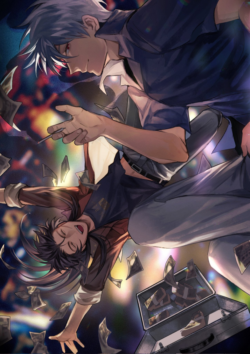 2boys akagi:_yami_ni_oritatta_tensai akagi_shigeru banknote belt black_belt black_hair black_shirt blurry blurry_background briefcase brown_jacket cigarette closed_eyes closed_mouth falling feet_out_of_frame fukumoto_mahjong grey_hair grey_pants highres holding holding_cigarette itou_kaiji jacket kaiji long_hair long_sleeves looking_at_viewer looking_to_the_side male_focus money money_rain multiple_boys open_mouth pants red_eyes scar scar_on_cheek scar_on_face shirt smile smoking suefu undershirt