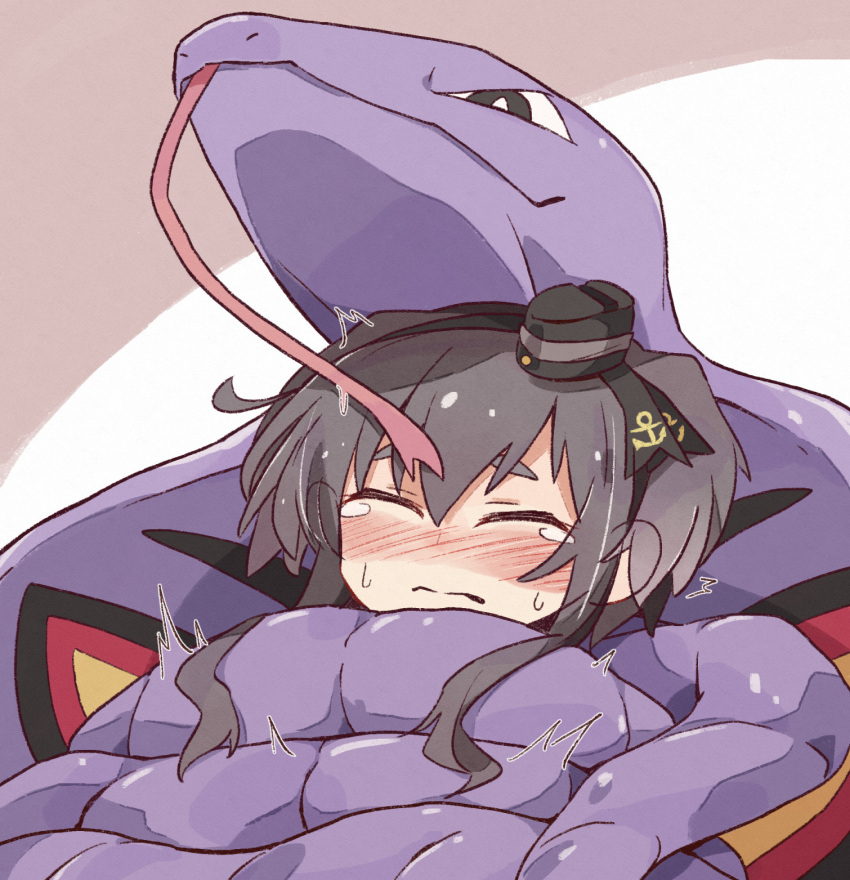 1girl anchor_symbol arbok black_eyes black_hair blush closed_eyes commission constriction crossover forked_tongue grey_hair hat highres kantai_collection mini_hat minoru_minoru multicolored_hair nose_blush pokemon pokemon_(creature) short_hair_with_long_locks simple_background skeb_commission solo sweat tears tokitsukaze_(kancolle) tongue two-tone_background upper_body