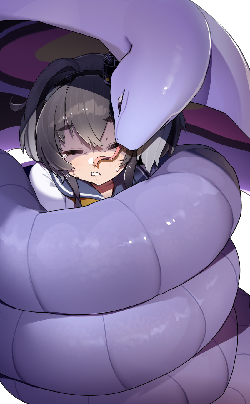 1girl absurdres arbok black_hair closed_eyes commission constriction crossover forked_tongue grey_hair hair_between_eyes highres kantai_collection multicolored_hair pokemon pokemon_(creature) sailor_collar shaded_face short_hair_with_long_locks simple_background skeb_commission sweat tamukoro tears tokitsukaze_(kancolle) tongue white_background