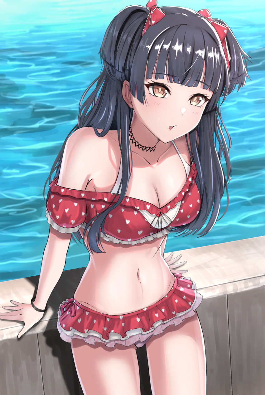 1girl absurdres bare_shoulders bikini black_hair blunt_bangs bow breasts brown_eyes cleavage collarbone commentary frilled_bikini frills hair_bow highres idolmaster idolmaster_shiny_colors long_hair looking_at_viewer mayuzumi_fuyuko medium_breasts midriff navel open_mouth red_bikini red_bow solo swimsuit take978733141 two_side_up