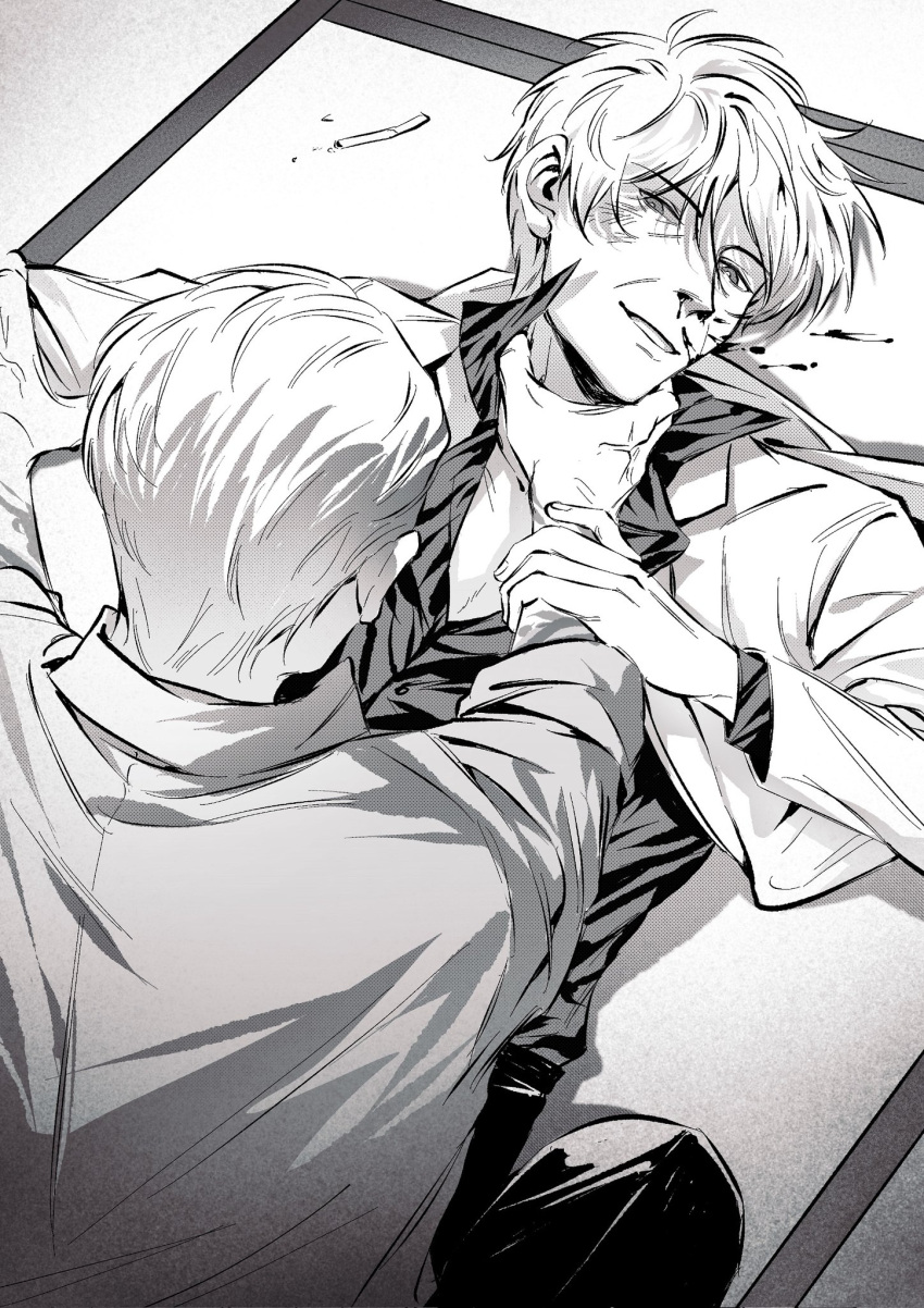 2boys akagi_shigeru animal_print blazer blood cigarette commentary_request feet_out_of_frame fukumoto_mahjong greyscale grin highres jacket long_sleeves looking_at_another male_focus medium_bangs monochrome multiple_boys nosebleed on_floor print_shirt sawada_(ten) scratches shirt short_hair smile strangling suefu tatami ten_(manga) tiger_print