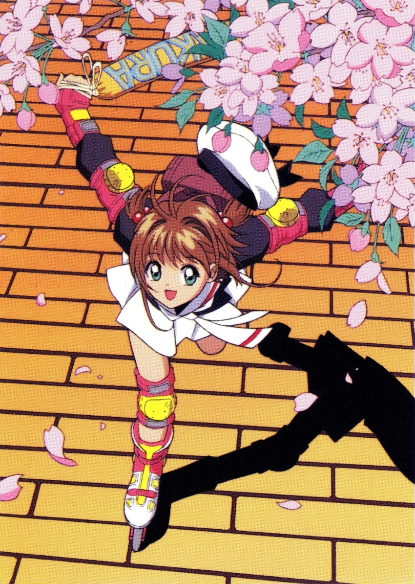 1girl brown_hair cardcaptor_sakura green_eyes happy highres kinomoto_sakura light open_mouth outdoors roller_skates school_uniform shadow short_hair skates skirt solo tomoeda_elementary_school_uniform tree white_skirt