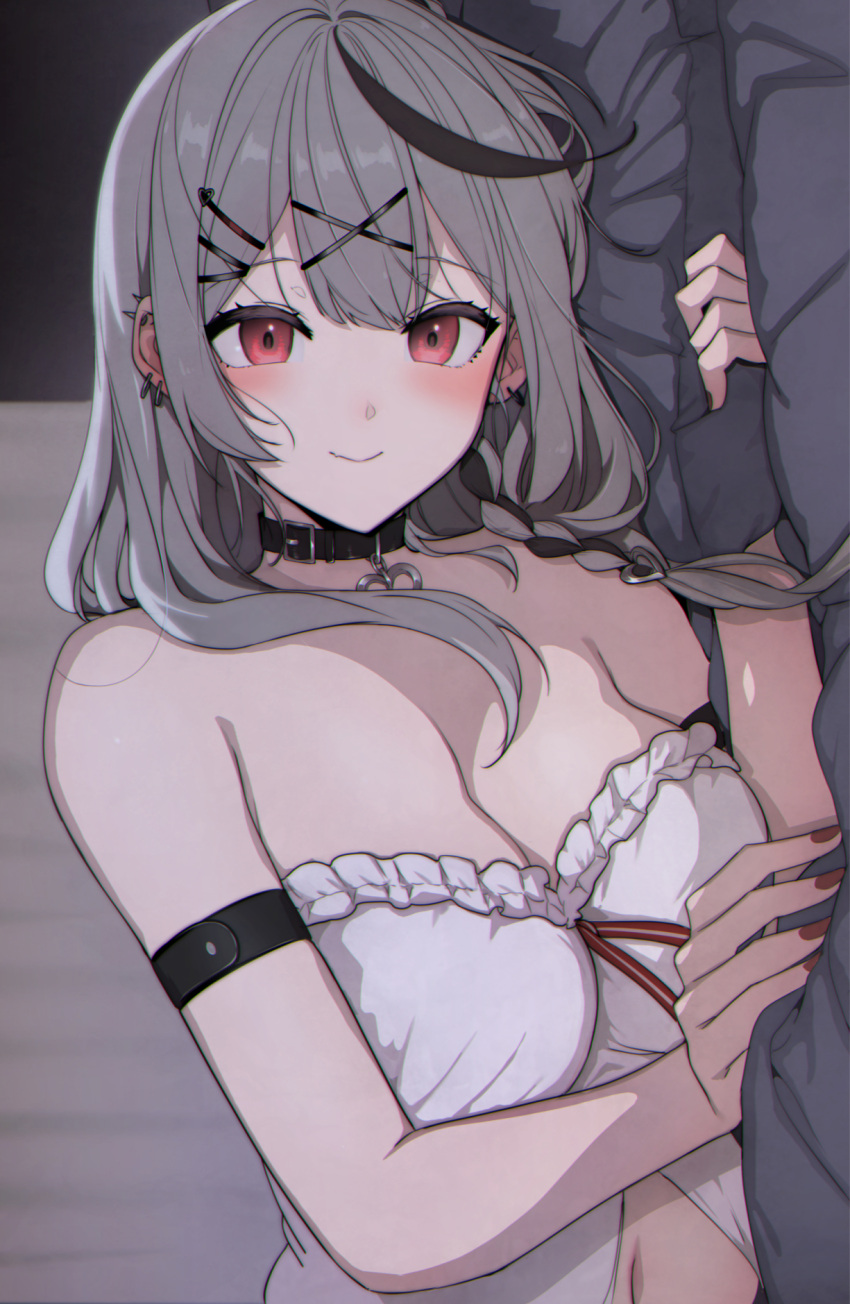 1girl bare_shoulders black_hair blush breasts cleavage collar collarbone grey_hair hair_ornament highres hololive katsurai_yoshiaki large_breasts looking_at_viewer lying medium_hair multicolored_hair navel on_side red_eyes sakamata_chloe smile solo streaked_hair x_hair_ornament