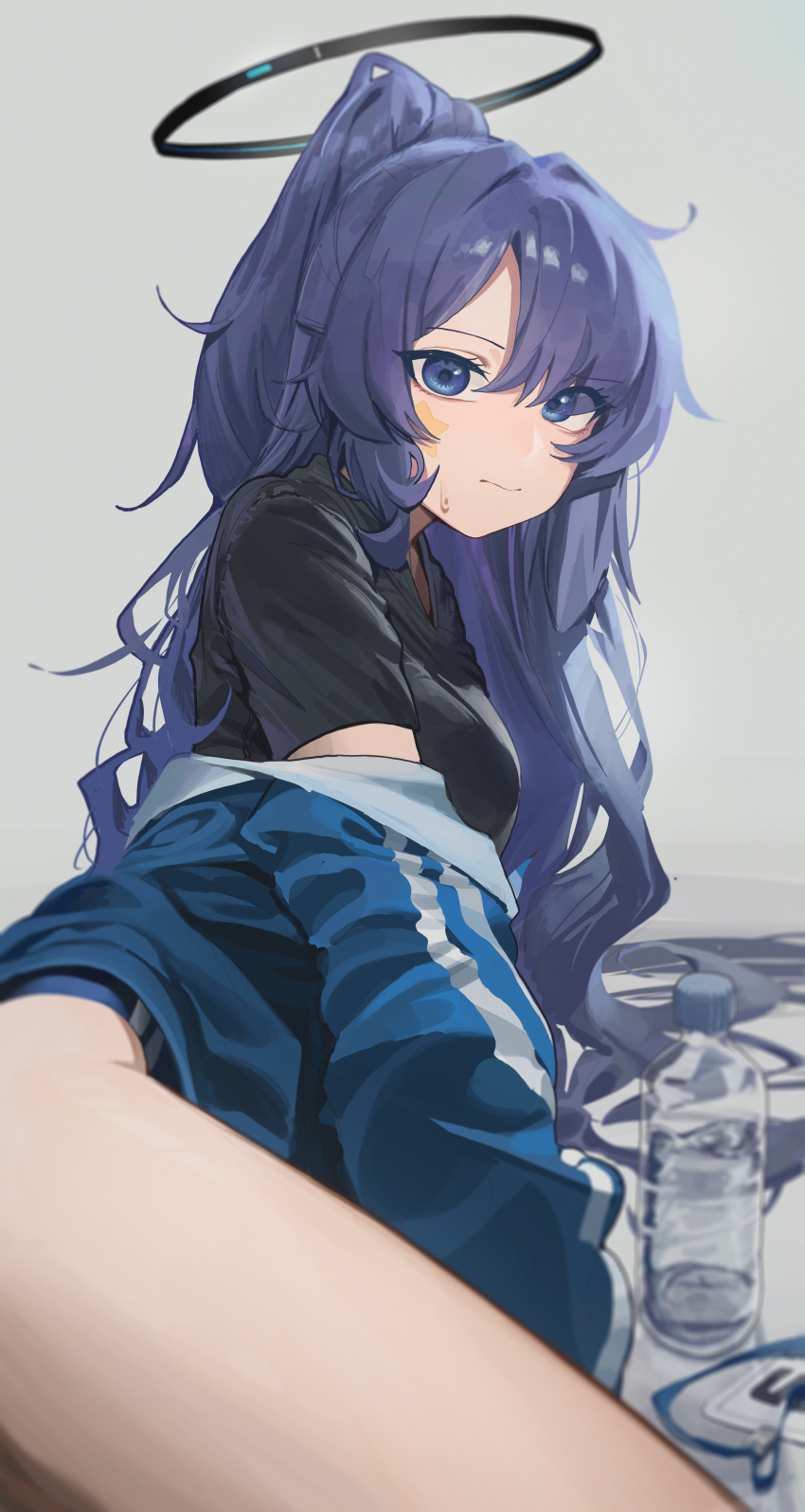 1girl absurdres artist_request black_shirt blue_archive blue_buruma blue_jacket blush bottle buruma check_artist closed_mouth facial_mark grey_background halo highres id_card jacket long_hair long_sleeves looking_at_viewer mechanical_halo official_alternate_costume purple_eyes purple_hair ritae shirt solo star_(symbol) thighs water_bottle yuuka_(blue_archive) yuuka_(track)_(blue_archive)