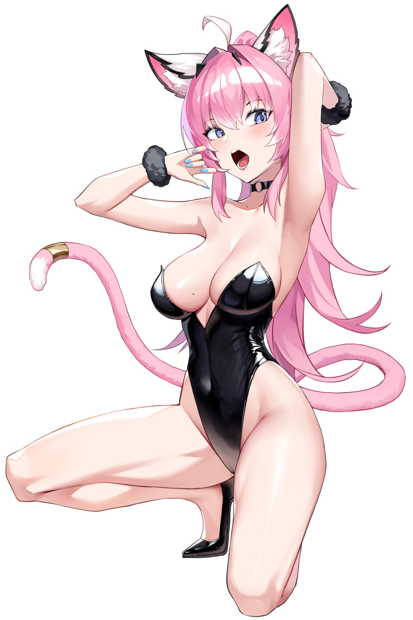 1girl absurdres ahoge animal_ear_fluff bare_arms bare_legs black_choker black_footwear black_leotard blue_eyes blue_nails breasts cat_girl choker cleavage collarbone covered_navel full_body gaosu_gong_lu hair_between_eyes high_heels highleg highleg_leotard highres large_breasts leotard long_hair looking_to_the_side medium_breasts mole mole_on_breast o-ring o-ring_choker on_one_knee open_mouth original pink_hair playboy_bunny purple_eyes shadow shiny_clothes shiny_skin simple_background solo teeth thighs white_background