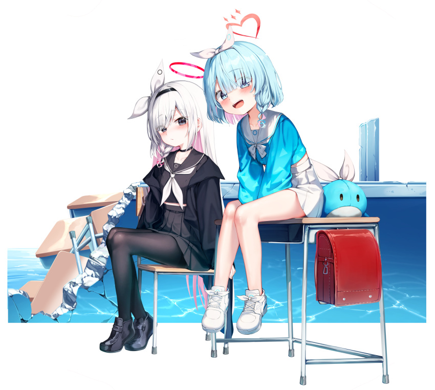 2girls arona_(blue_archive) backpack bag bare_legs black_choker black_coat black_eyes black_footwear black_hairband black_pantyhose black_sailor_collar black_serafuku black_shirt black_skirt blue_archive blue_eyes blue_hair blue_pupils blue_shirt blush bow_hairband braid choker closed_mouth coat collarbone colored_inner_hair commentary_request desk footwear_ribbon full_body hair_over_one_eye hair_ribbon hairband halo heart_halo highres korean_commentary light_blue_hair loafers long_hair long_sleeves looking_at_viewer mannack miniskirt mismatched_pupils multicolored_hair multiple_girls neckerchief on_desk on_table open_mouth pantyhose pink_hair plana_(blue_archive) pleated_skirt puffy_long_sleeves puffy_sleeves red_bag red_halo red_pupils ribbon sailor_collar sailor_shirt school_desk school_uniform serafuku shirt shoes short_hair side_braid single_braid sitting sitting_on_desk sitting_on_table skirt smile sneakers stuffed_toy stuffed_whale table teeth two-tone_hair upper_teeth_only very_long_hair white_footwear white_hair white_hairband white_neckerchief white_ribbon white_sailor_collar white_skirt