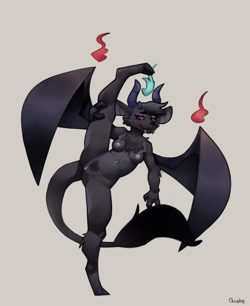 2023 2_toes 3_fingers absurd_res anthro areola bat_wings bedroom_eyes bovid breasts calderian caprine cheek_tuft chest_fur chest_tuft clitoral_hood countershade_torso countershading crotch_tuft dark_body dark_fur demon digital_media_(artwork) ember_starwillow english_text eyebrows eyelashes eyeshadow facial_tuft fangs feet female fingers fire flexible floppy_ears fluffy fur genitals goat gold_(metal) gold_jewelry hi_res holding_leg hooved_fingers hooves horizontal_pupils horn jewelry leg_grab long_ears long_tail looking_at_viewer makeup mammal membrane_(anatomy) membranous_wings narrowed_eyes navel navel_piercing nipples nude on_one_leg one_leg_up piercing pink_nipples pink_pussy pubes pupils purple_eyeshadow pussy qunke raised_leg red_eyes seductive signature simple_background smile solo splits spread_legs spreading standing tail tail_fluff tail_tuft teeth text toes tuft vertical_splits will-o'-the-wisp wings yellow_sclera
