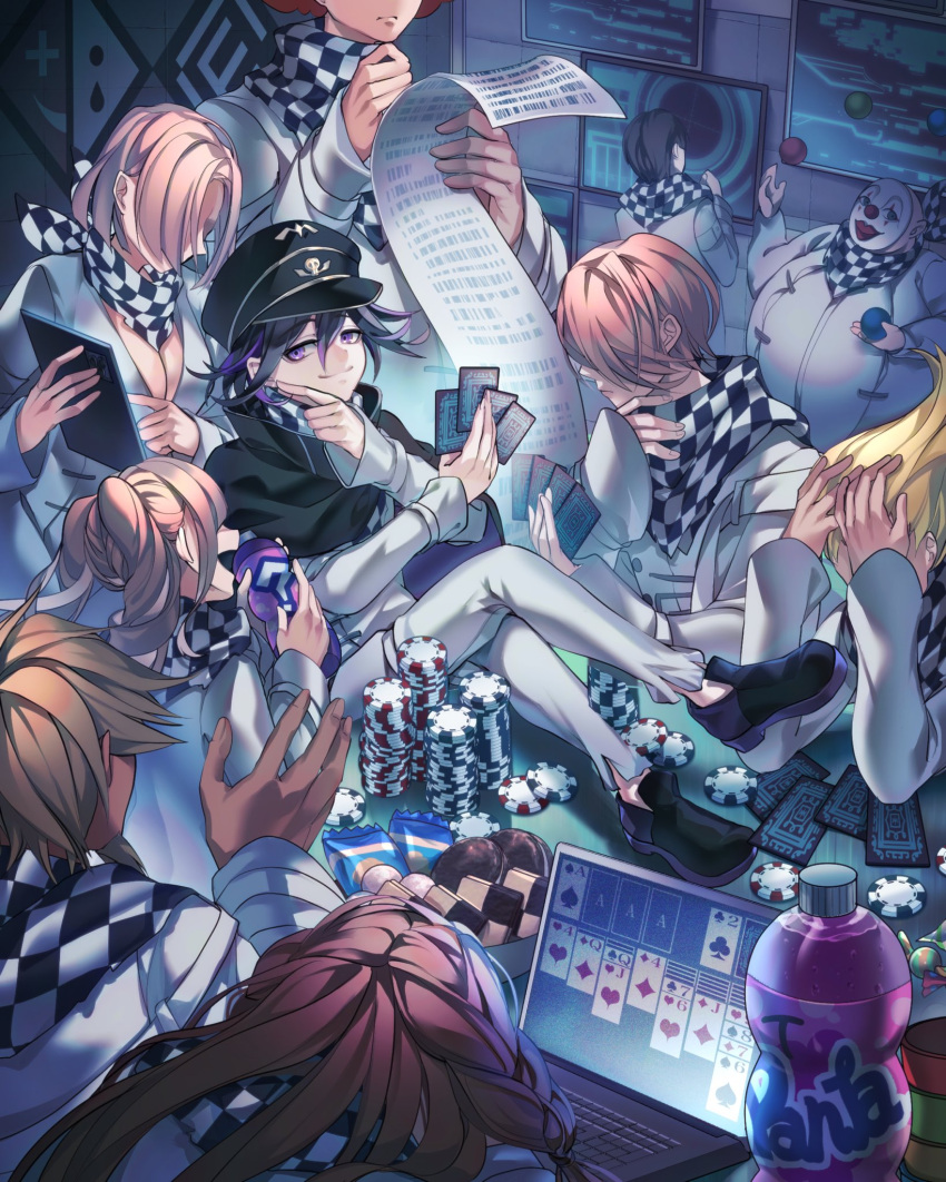 3girls 6+boys afro black_cape black_headwear blonde_hair bottle breasts cape card checkered_clothes checkered_scarf closed_mouth computer cosplay danganronpa_(series) danganronpa_v3:_killing_harmony dice_members_(danganronpa) dice_members_(danganronpa)_(cosplay) fat fat_man grey_pants hand_up hat highres holding holding_card holding_paper laptop large_breasts long_hair looking_at_viewer male_focus multiple_boys multiple_girls nota_sayaka oma_kokichi pants paper peaked_cap poker_chip purple_eyes red_hair scarf short_hair smile soda twintails washing_machine
