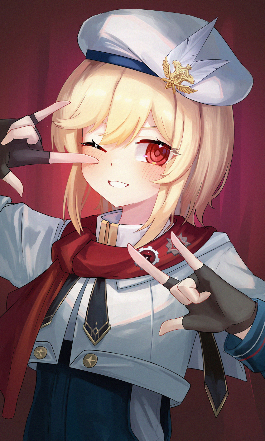 1girl \m/ absurdres beret blonde_hair blush double_\m/ fingerless_gloves girls'_frontline girls'_frontline_2:_exilium gloves hat hat_feather highres looking_at_viewer medium_hair nagant_revolver_(girls'_frontline) one_eye_closed red_curtains red_eyes red_scarf scarf shenqi_xiaohuang solo upper_body white_headwear