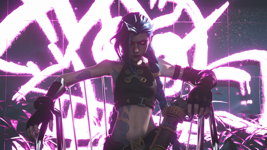 1girl absurdres arcane:_league_of_legends arcane_jinx arm_tattoo bare_shoulders blue_hair braid cloud_tattoo commentary crop_top english_commentary fingerless_gloves gloves glowing glowing_eyes gun highres holding holding_gun holding_weapon jinx_(league_of_legends) league_of_legends long_hair looking_at_viewer pink_eyes shanevmm shoulder_tattoo solo stomach_tattoo tattoo twin_braids weapon