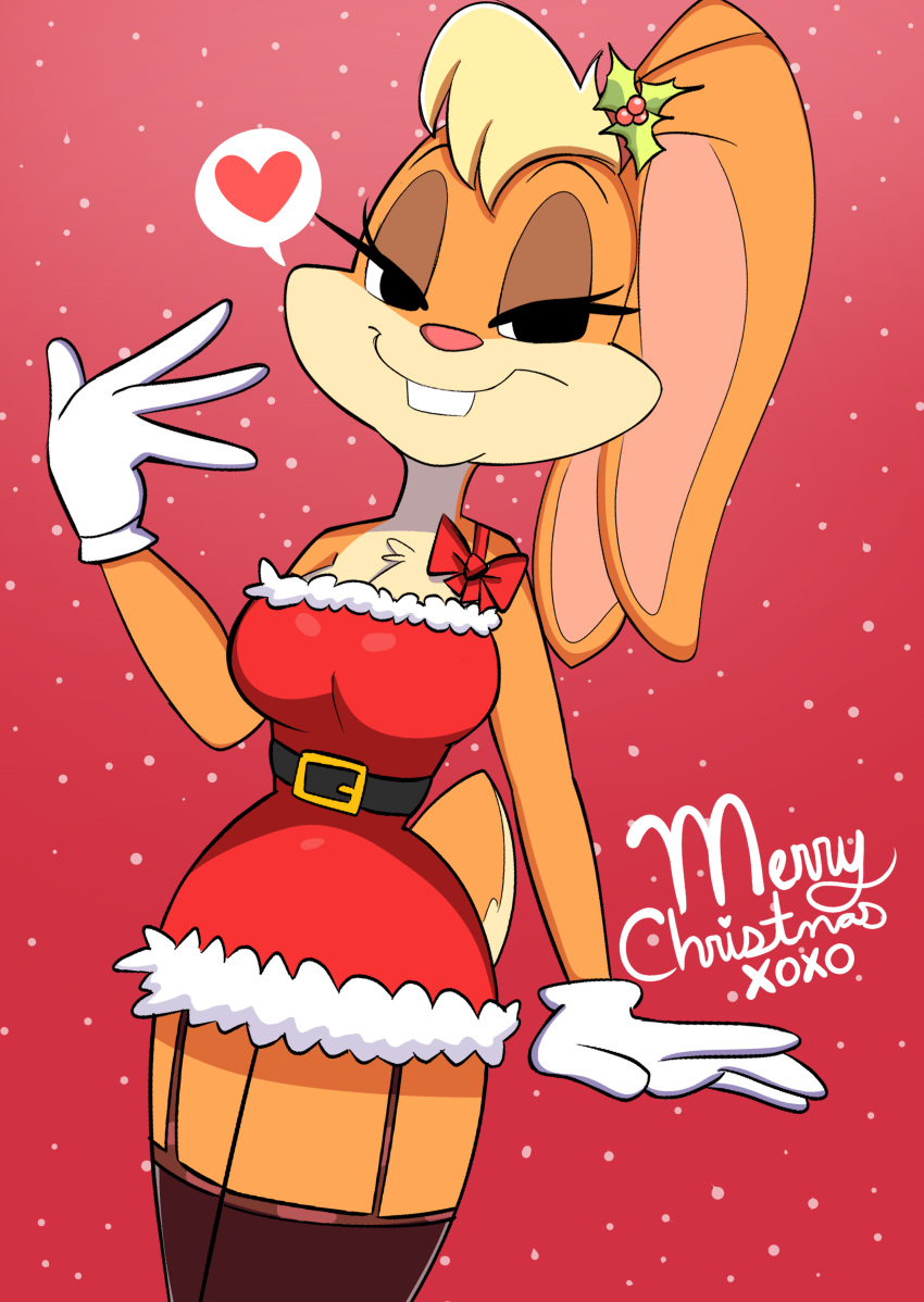 &lt;3 absurd_res anthro buckteeth christmas clothing clothing_bow english_text female garter_straps hi_res holidays holly_(plant) lagomorph legwear leporid lola_bunny looking_at_viewer looney_tunes mammal onibi plant rabbit santa_dress snow solo stockings teeth text warner_brothers xoxo