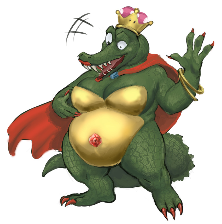anthro bracelet breasts cape chubby_female clothing colored_nails crocodile crocodilian crocodylid crossgender crown digital_media_(artwork) donkey_kong_(series) fangs female gem gold_(metal) headgear hi_res humanoid jewelry king_k._rool lipstick makeup meme nails nintendo overweight overweight_anthro reptile scales scalie shaded simple_background smile tail teeth thrashthrash white_background