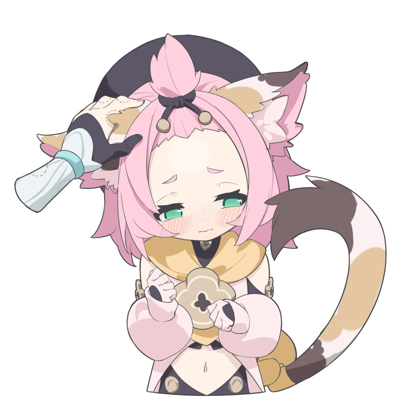 1girl 1other absurdres aiee animal_ear_fluff animal_ears aqua_eyes averting_eyes bangs_pinned_back blush cat_ears cat_girl cat_tail closed_mouth cropped_torso detached_sleeves diona_(genshin_impact) disembodied_limb forehead genshin_impact headpat highres long_sleeves looking_to_the_side midriff multicolored_tail navel pink_hair pink_sleeves puffy_long_sleeves puffy_sleeves short_eyebrows short_hair simple_background solo_focus tail thick_eyebrows upper_body white_background