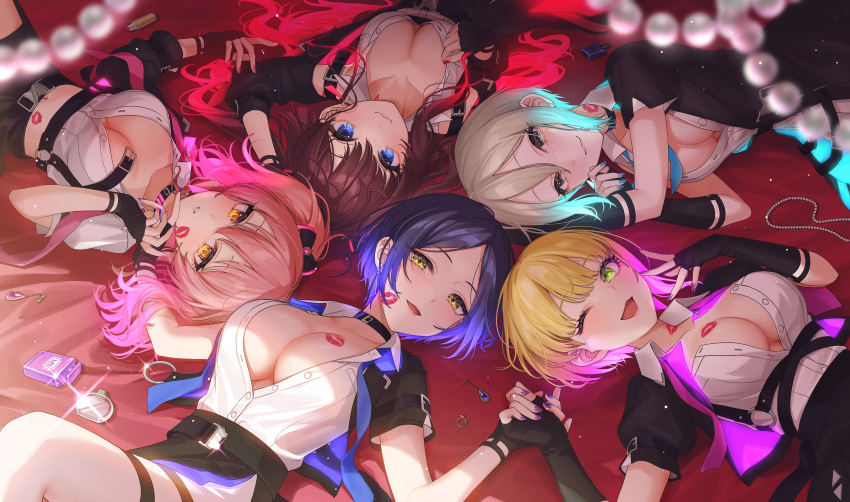 5girls :3 absurdres aqua_hair black_eyes black_gloves blonde_hair blue_eyes blue_hair bottle breasts brown_hair choker cleavage comiket_103 cosmetics fingerless_gloves gloves gradient_hair green_eyes grey_hair hayami_kanade highres holding_hands ichinose_shiki idolmaster idolmaster_cinderella_girls idolmaster_cinderella_girls_starlight_stage jougasaki_mika lipps_(idolmaster) lipstick_mark lipstick_tube long_hair looking_at_viewer lying mairo medium_breasts miyamoto_frederica multicolored_hair multiple_girls navel on_back one_eye_closed open_mouth perfume_bottle pink_hair red_hair second-party_source shiomi_syuko short_hair short_sleeves smile twintails two-tone_hair unbuttoned yellow_eyes