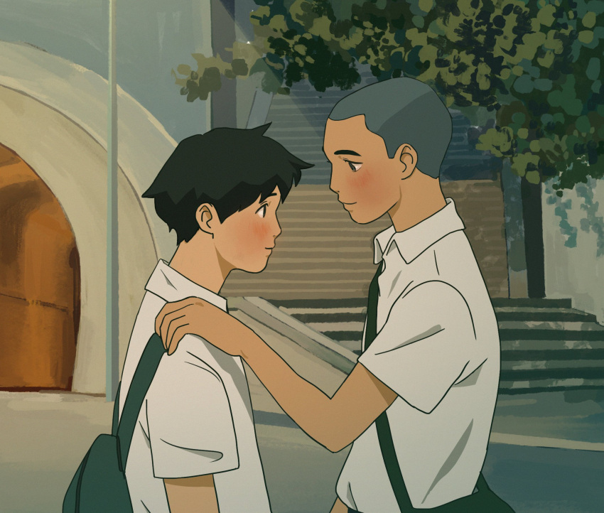 2boys backpack bag black_eyes black_hair blush buzz_cut closed_mouth collared_shirt eye_contact face-to-face from_side hand_on_another's_shoulder highres lamppost looking_at_another male_focus mohtz multiple_boys original outdoors profile shirt short_hair smile stairs tree tunnel upper_body very_short_hair white_shirt yaoi