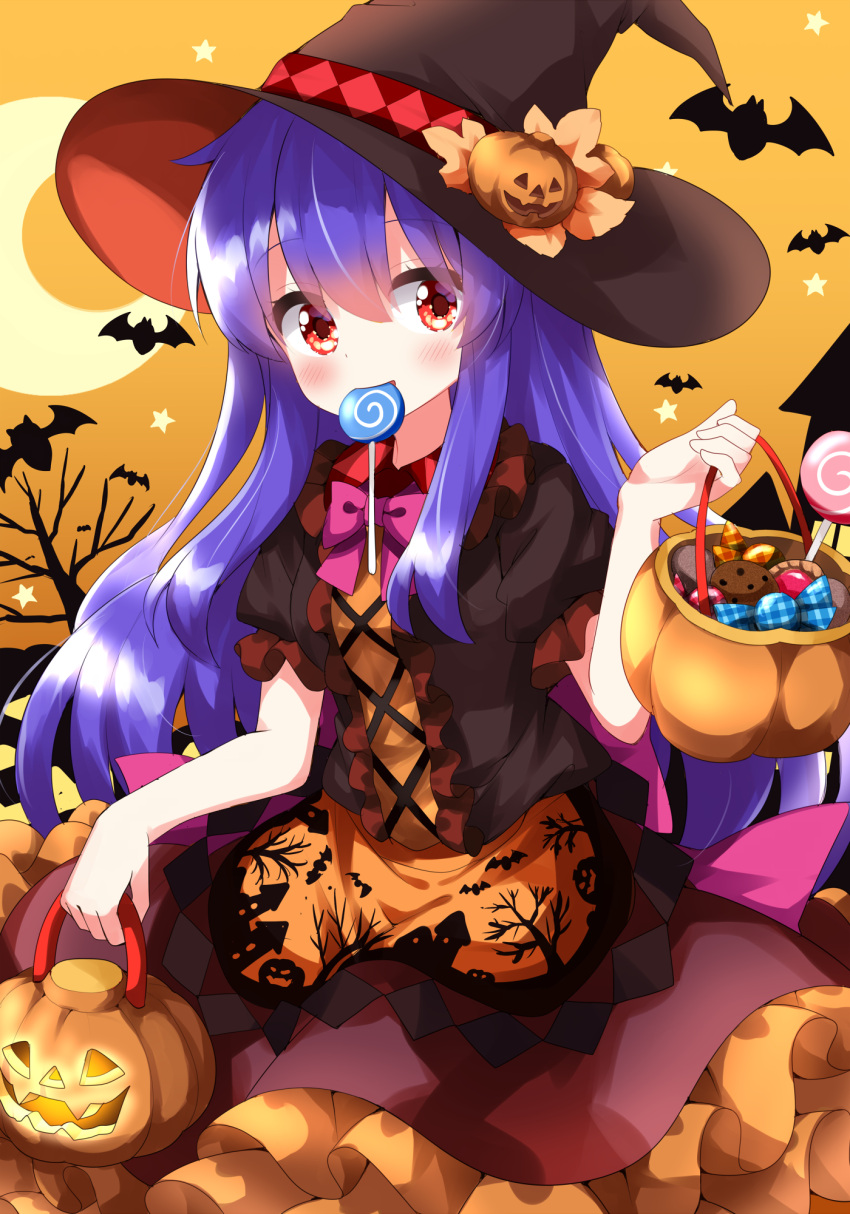 1girl alternate_color animal animal_ears animal_print apron autumn_leaves back_bow basket bat_(animal) bat_ears bat_print bat_wings blush bow bowtie branch breasts brown_dress brown_headwear candy collared_dress commentary_request cookie crescent crescent_moon dress flying food frills hair_between_eyes halloween halloween_bucket halloween_costume hand_up hat hat_leaf hat_ornament highres hinanawi_tenshi holding holding_basket house leaf lollipop long_hair looking_at_viewer medium_breasts moon open_mouth orange_apron orange_dress orange_sky pink_bow pink_bowtie plaid puffy_short_sleeves puffy_sleeves pumpkin_hat_ornament pumpkin_print purple_hair red_eyes ruu_(tksymkw) short_sleeves sidelocks sky smile solo standing star_(sky) starry_sky sweets touhou tree tree_print two-tone_dress window wings witch_hat