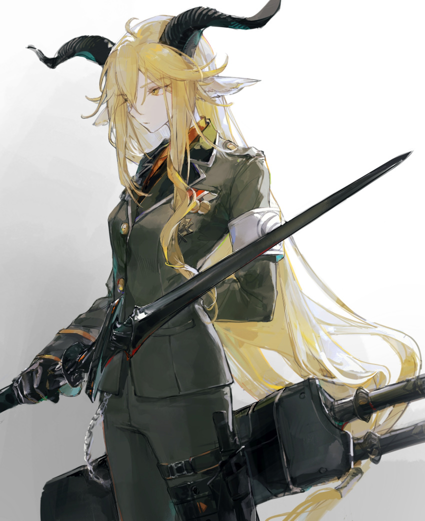 1girl ahoge animal_ear_fluff animal_ears arknights arm_behind_back armband asymmetrical_hair asymmetrical_sidelocks backlighting belt belt_chain black_belt black_gloves black_horns black_necktie blonde_hair bloom breast_pocket breasts buckle buttons chain chinese_commentary closed_mouth collared_shirt combat_knife commentary_request cowboy_shot degenbrecher_(arknights) dress_shirt epaulettes expressionless floating_hair from_side gloves goat_ears goat_girl goat_horns gradient_background green_jacket green_pants grey_background hair_between_eyes highres holding holding_sword holding_weapon horns insignia jacket jiaowohuahua knife knife_sheath lapels long_bangs long_hair long_sleeves looking_afar looking_ahead low-tied_long_hair medal medium_breasts military military_jacket military_uniform multiple_swords multiple_weapons necktie notched_lapels orange_shirt pants pocket print_armband profile scabbard shade sheath sheathed shirt sidelocks snap-fit_buckle solo standing sword thigh_belt thigh_strap uniform very_long_hair wavy_hair weapon white_armband wing_collar yellow_eyes