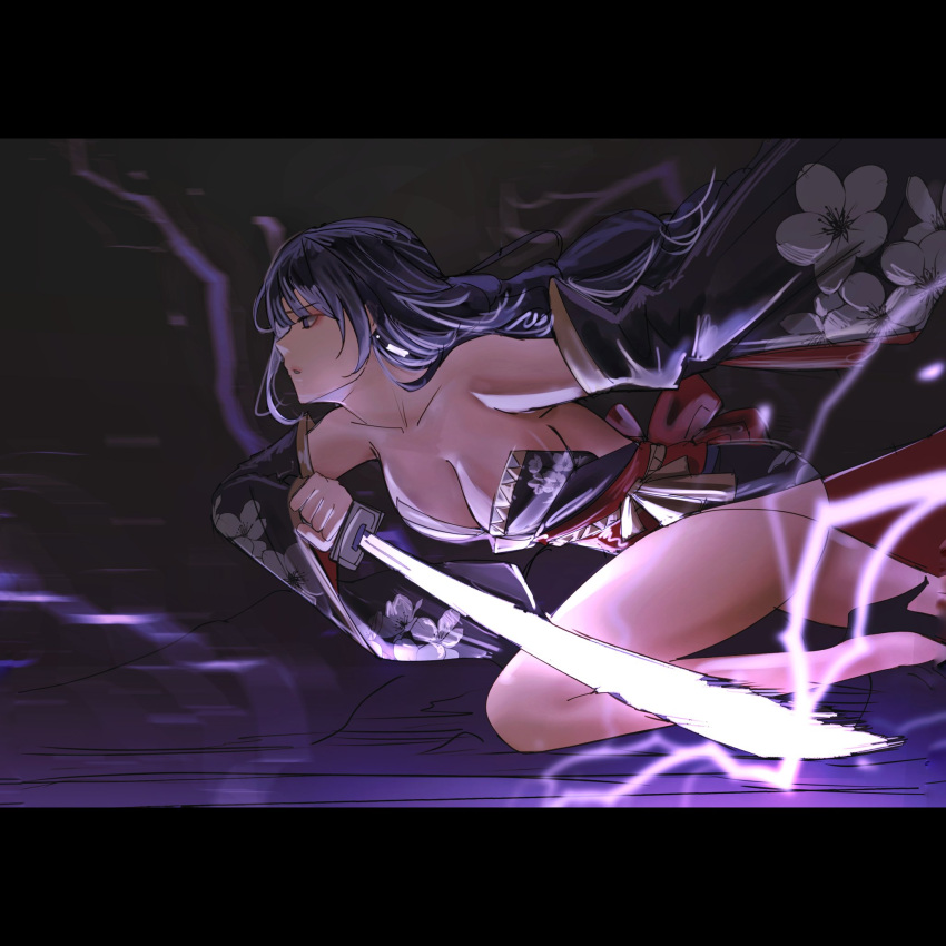 1girl bare_legs breasts cleavage commentary detached_sleeves from_side genshin_impact highres holding holding_sword holding_weapon japanese_clothes katana kimono large_breasts letterboxed long_hair long_sleeves notgustiarp parted_lips purple_eyes purple_hair purple_kimono raiden_shogun solo strapless strapless_kimono sword thighs very_long_hair weapon
