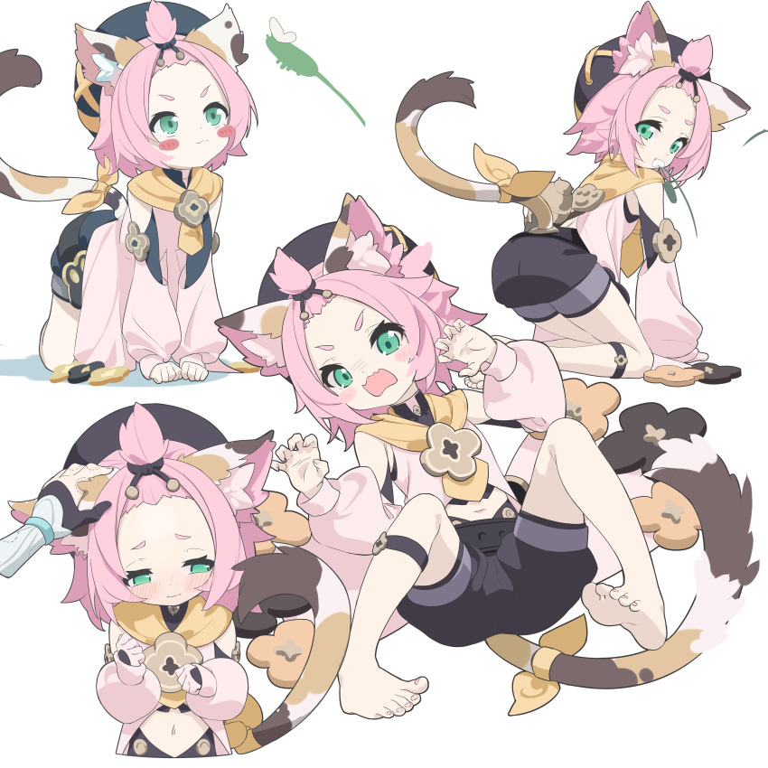 1girl 1other absurdres aiee all_fours animal_ear_fluff animal_ears aqua_eyes bangs_pinned_back barefoot black_shorts blush blush_stickers cat_ears cat_girl cat_tail claw_pose closed_mouth commentary_request detached_sleeves diona_(genshin_impact) disembodied_limb forehead genshin_impact headpat highres long_sleeves lying midriff multicolored_tail multiple_views navel on_back open_mouth pink_hair pink_sleeves puffy_long_sleeves puffy_sleeves short_eyebrows short_hair short_shorts shorts simple_background tail thick_eyebrows toenails toes white_background