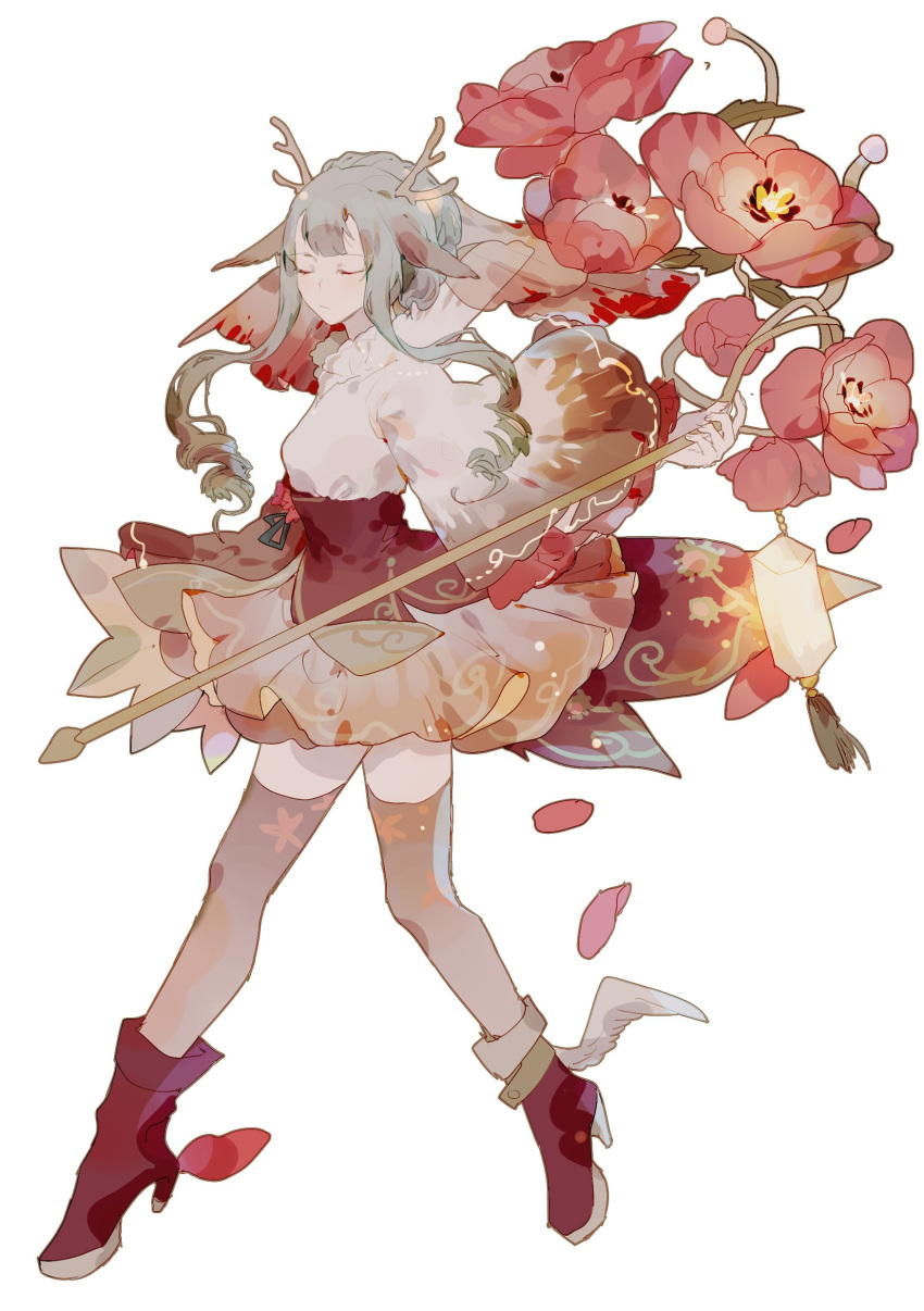 1girl absurdres angel_wings animal_ears antlers bad_id bad_pixiv_id bad_source boots check_flower closed_eyes closed_mouth collared_shirt corset deer_antlers deer_ears deer_girl expressionless falling_petals floral_print flower full_body grey_hair grey_thighhighs high_collar high_heel_boots high_heels highres holding holding_staff lantern lobelia_(saclia) long_sleeves miniskirt original pansy petals pleated_skirt red_corset red_flower red_footwear red_sleeves see-through_thighhighs shirt short_hair_with_long_locks simple_background single_wing skirt solo staff tassel thighhighs two-tone_sleeves white_background white_shirt white_skirt white_sleeves white_veil white_wings wide_sleeves winged_footwear wings zettai_ryouiki