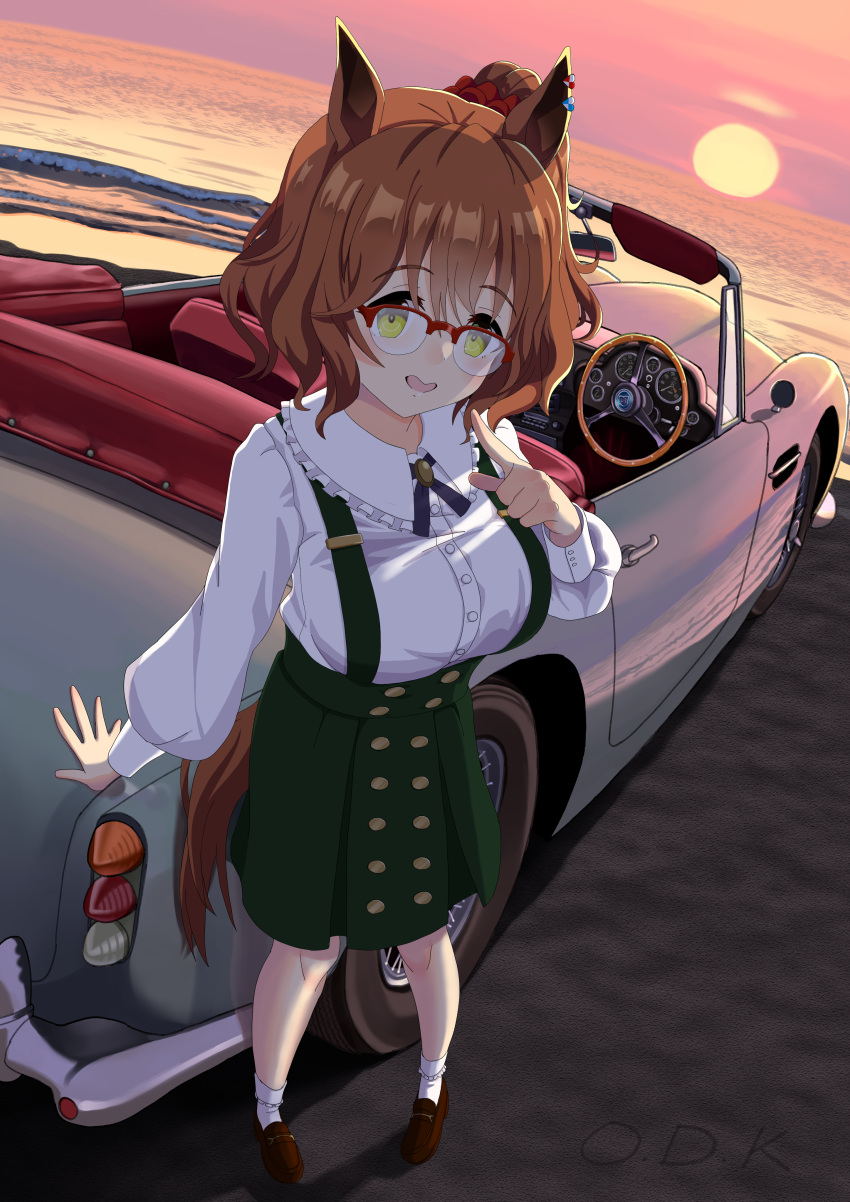 1girl :d absurdres animal_ears artist_name aston_machan_(umamusume) aston_martin breasts brown_footwear brown_hair car convertible crown ear_scrunchie glasses green_eyes green_skirt hair_between_eyes highres horse_ears horse_girl horse_tail large_breasts loafers long_sleeves looking_at_viewer medium_hair mini_crown motor_vehicle odk_360 pointing red-framed_eyewear red_scrunchie scrunchie semi-rimless_eyewear shirt shoes skirt smile socks solo suspenders tail tilted_headwear umamusume white_shirt white_socks