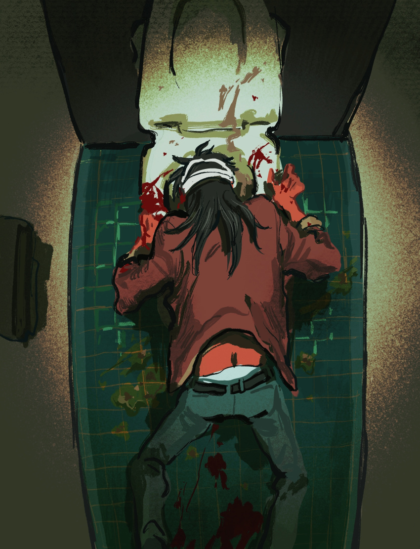 1boy absurdres ass bandaged_head bandages black_hair blood blood_splatter brown_jacket butt_crack feet_out_of_frame from_above grey_pants highres indoors itou_kaiji jacket kaiji long_hair long_sleeves male_focus male_underwear mimulishizi pants solo toilet toilet_stall underwear white_male_underwear